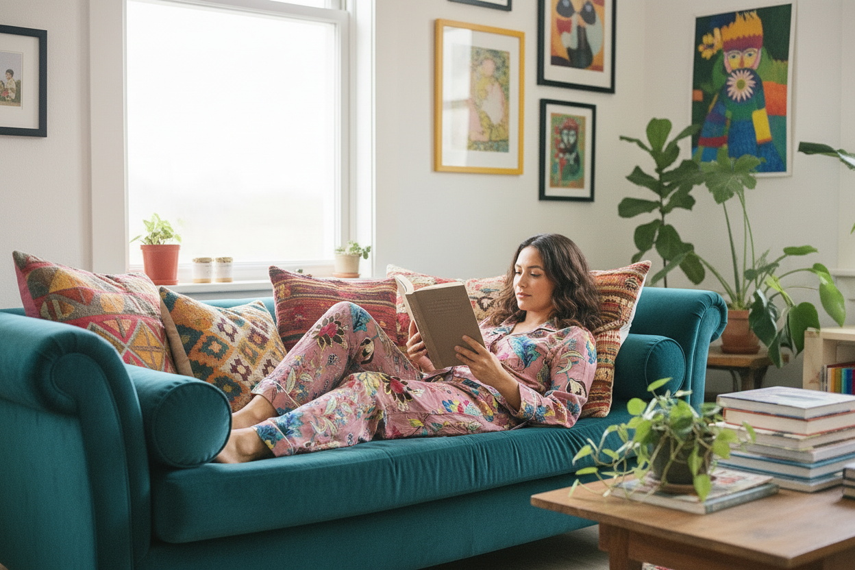 Pijama floral acostada leyendo