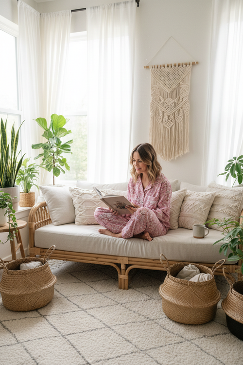 Pijama rosa paisley boho luz natural