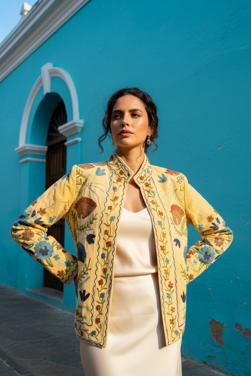 Chaqueta bordada - frontal pared turquesa