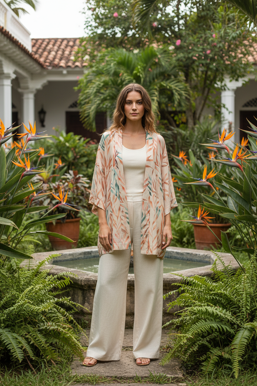 Kimono beige hojas jardín colonial - frente