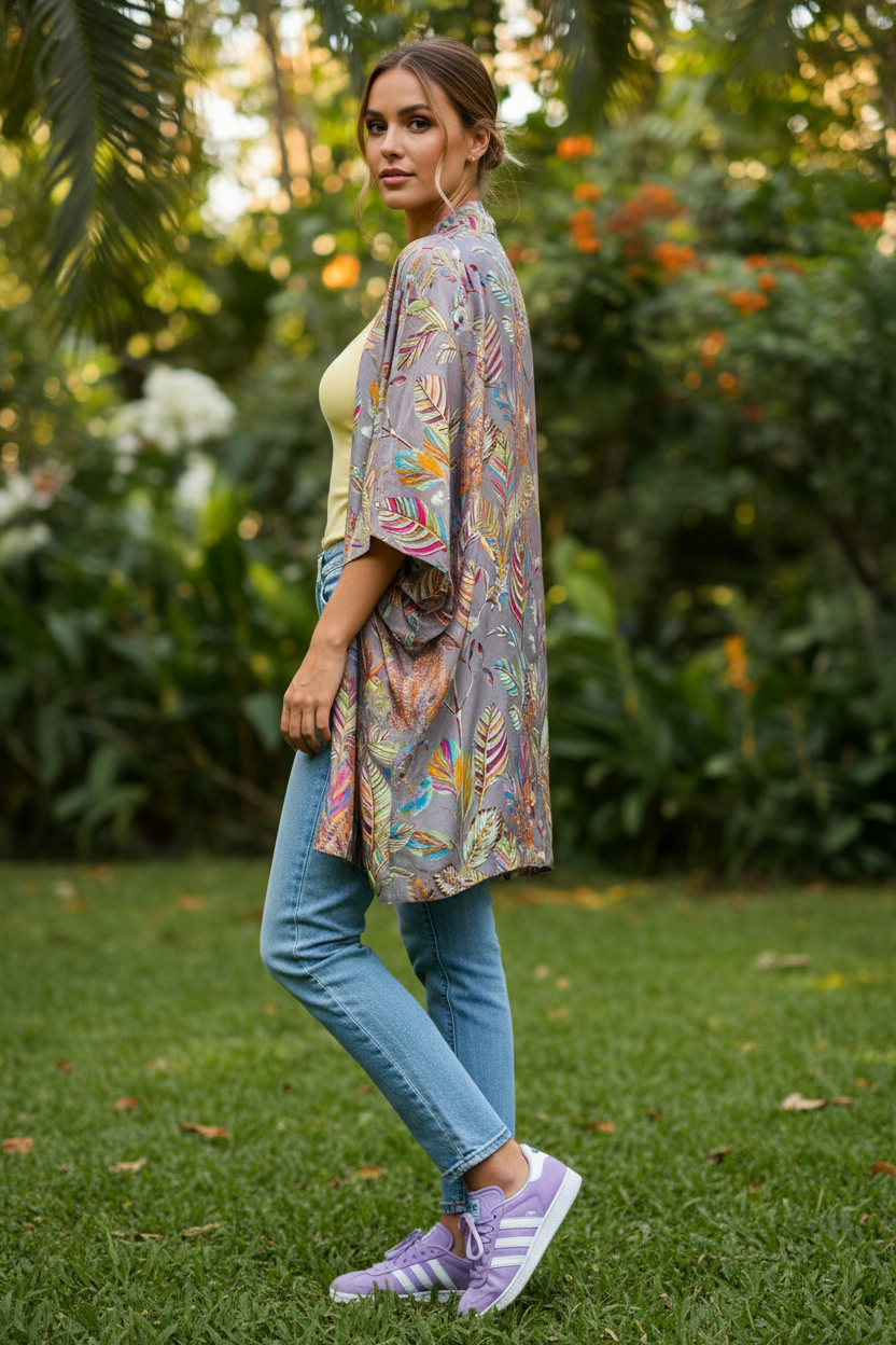 Kimono plumas - detalle print corto