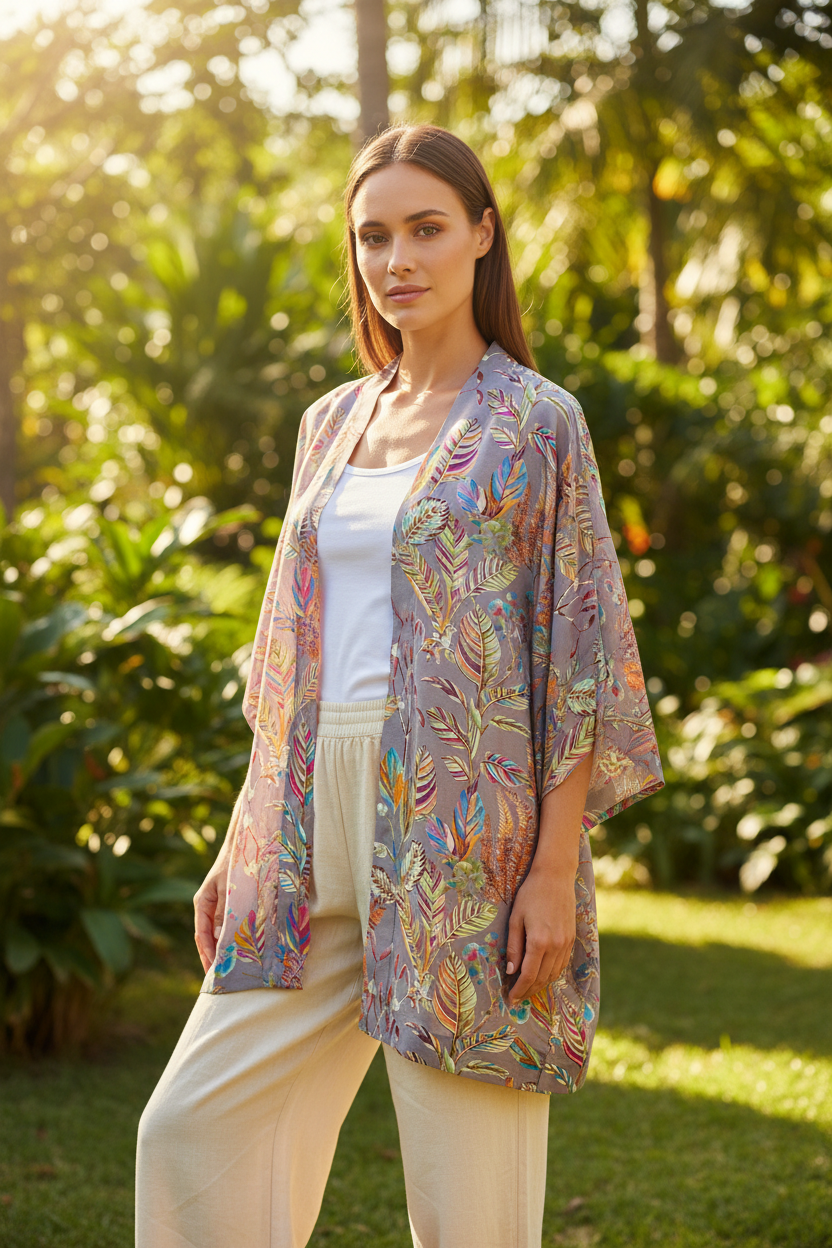 Kimono plumas gris - lifestyle frontal medio muslo