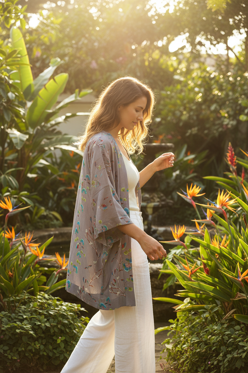 Kimono gris floral candid corto