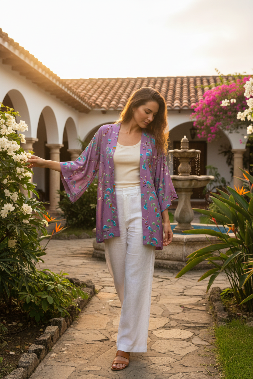 Kimono lavanda floral golden hour