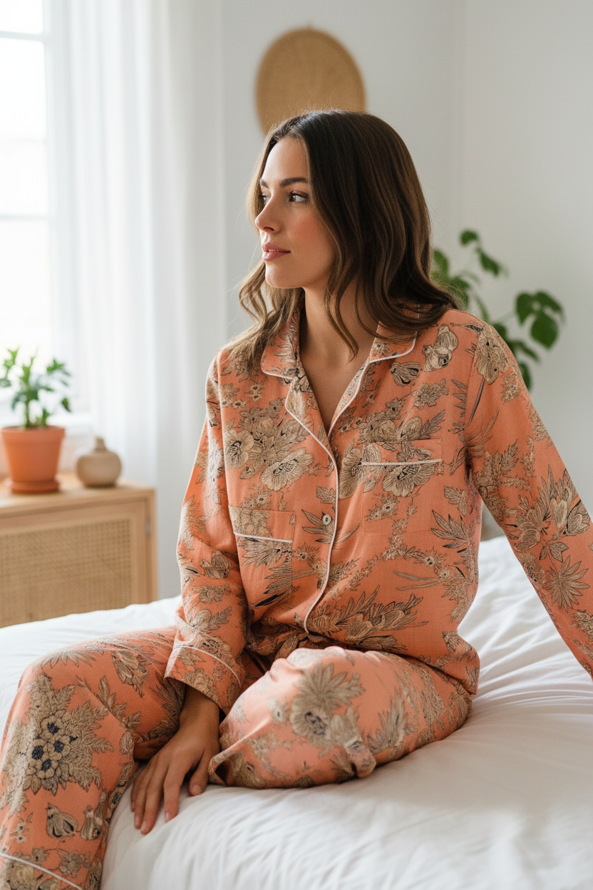 Pijama coral botanical - detalle cama