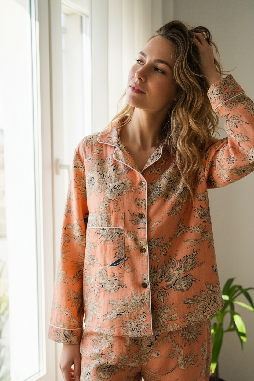 Pijama coral botanical - detalle ventana