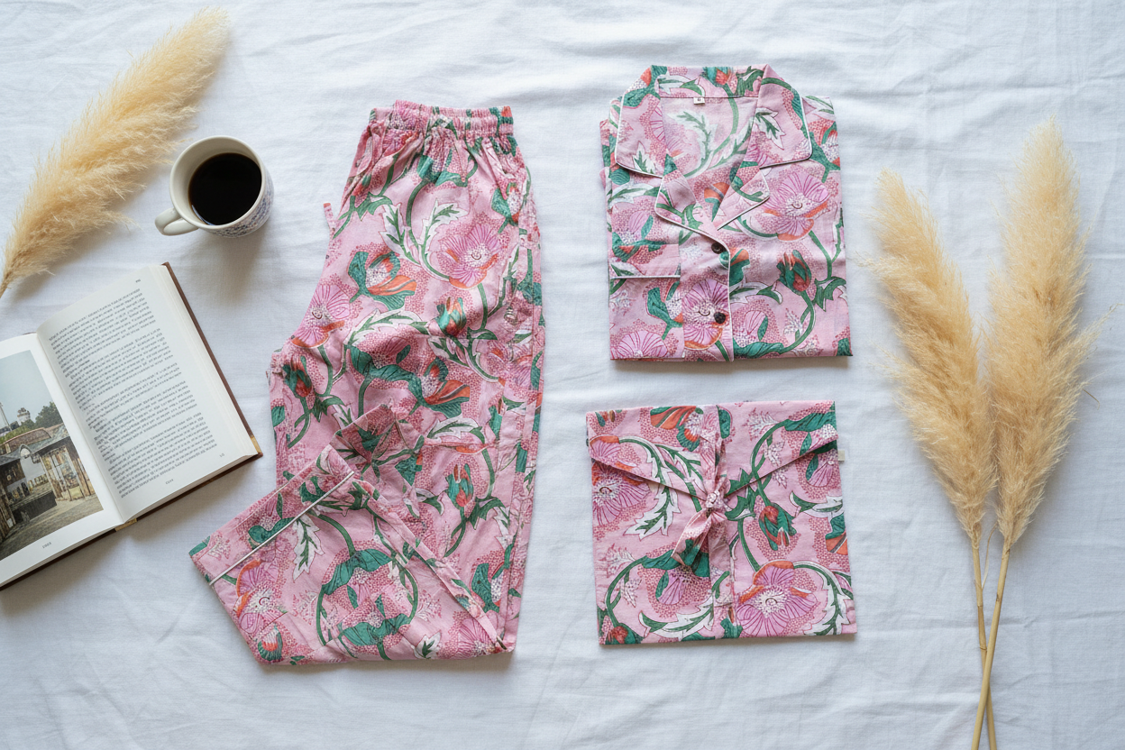 Pijama floral rosa - flat lay fiel al original