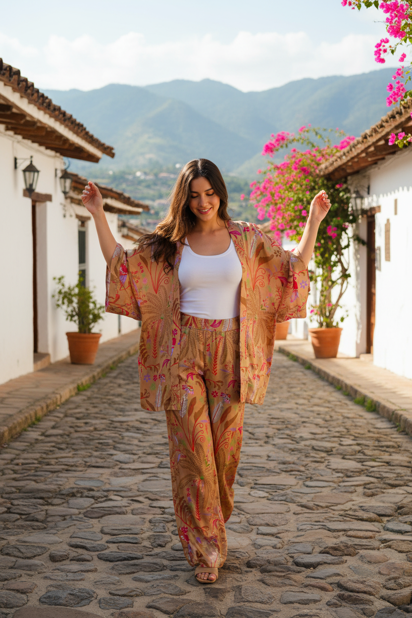 Set Beige Tropical print real pose natural