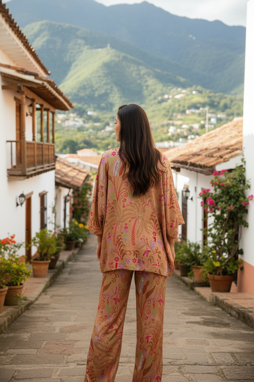 Set Beige Tropical vista trasera kimono corto