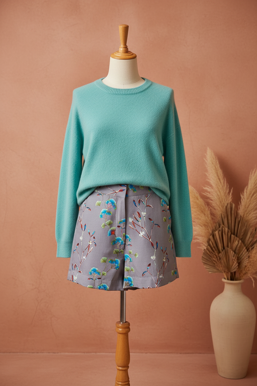 Shorts Floral Gris Lavanda - Sweater Cuello Redondo