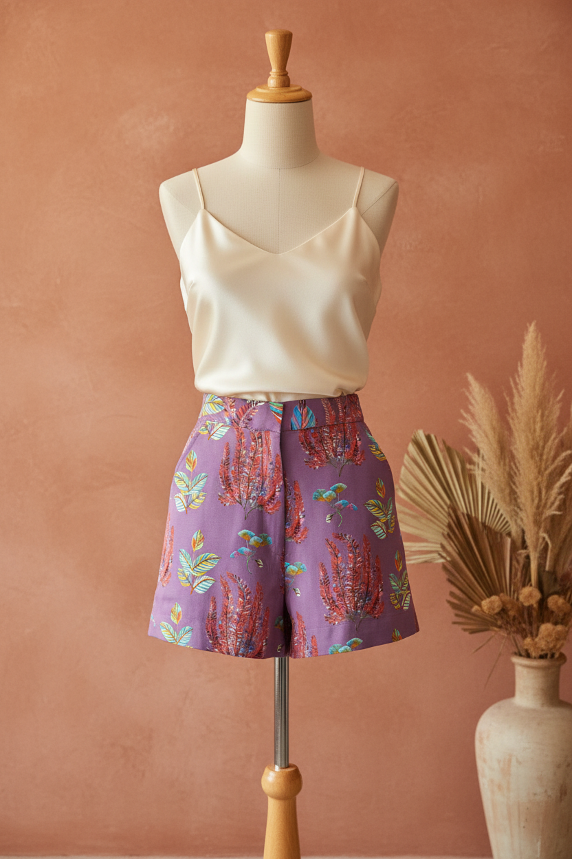 Shorts Tropical Lila - Top Blanco