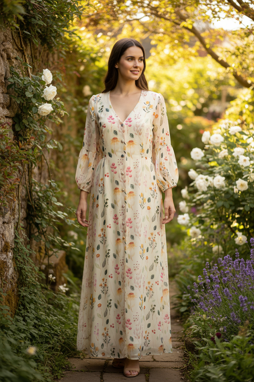 Vestido floral - close-up jardín falda larga correcta